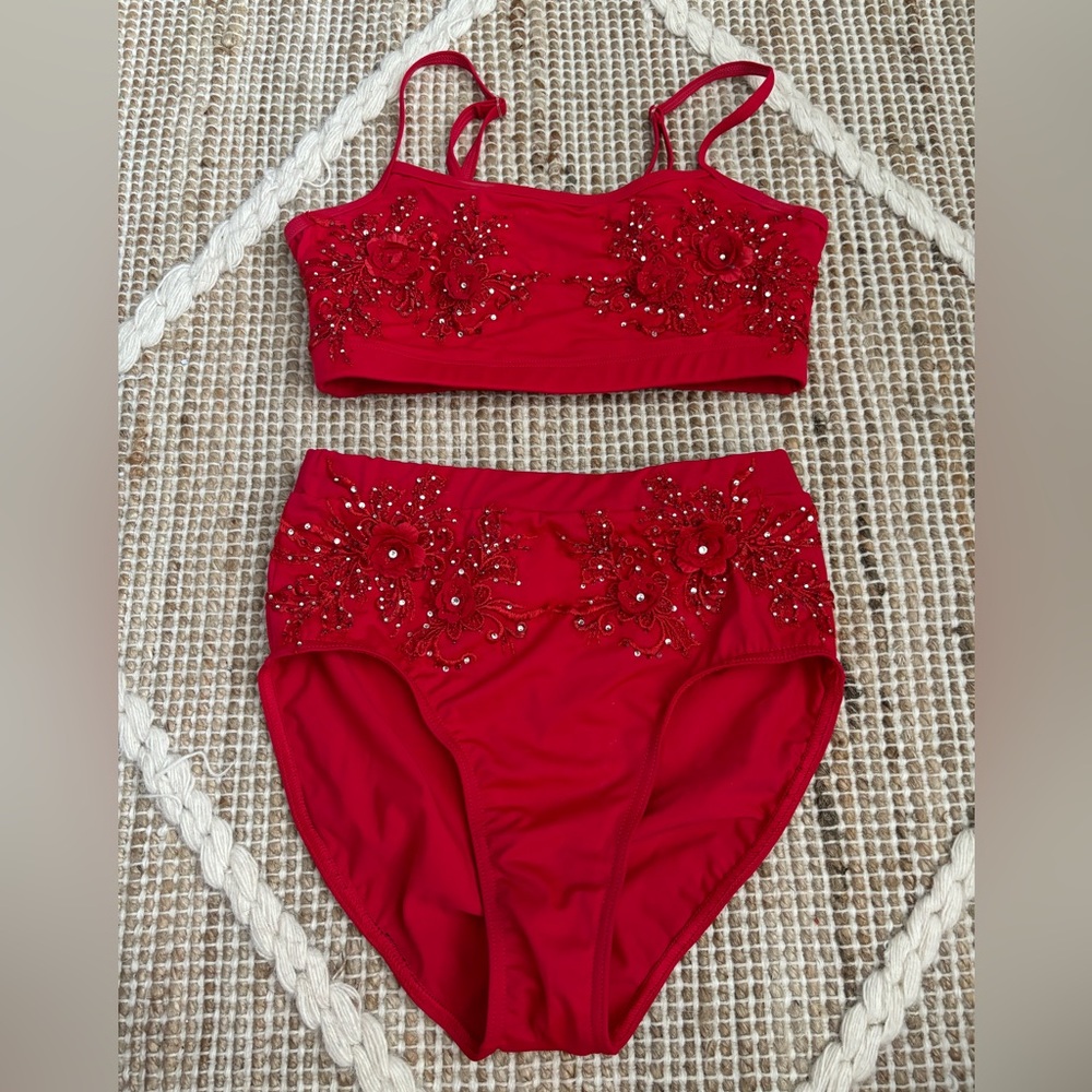 Pole dance costume with hand sewn appliqués and rhinestones